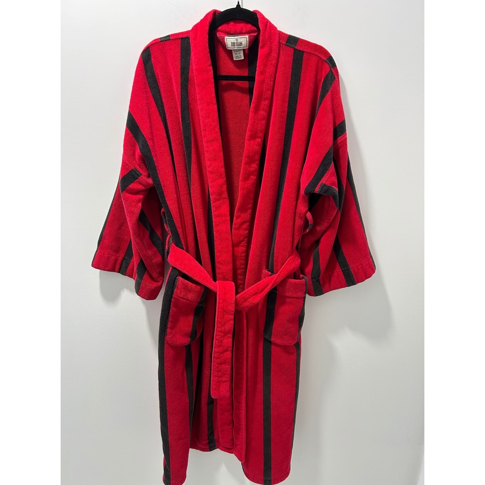 Bill Blass Mens Red Black Striped Cotton Terry Cloth Robe One Size Vintage